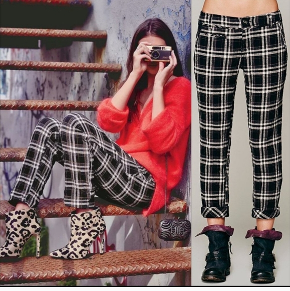 Free People Would Have Been crinkle plaid pegged taper ankle cropped trouser - Picture 1 of 12